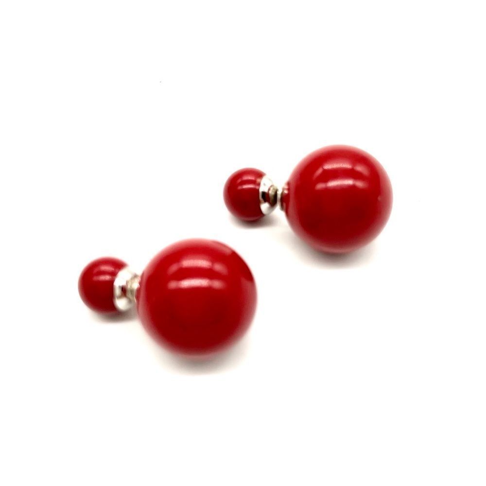 Red Coral Double Ball Earringswith 925 Sterling Silver